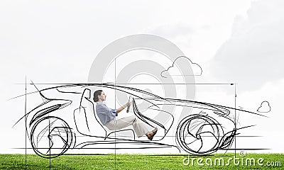 Woman in drawn car Stock Photo