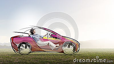 Woman in drawn car Stock Photo