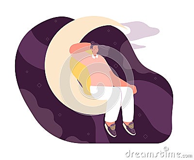 Woman dream on moon. Dreaming time, night in universe meditation. Sleeping concept, girl rest. Moonlight and love Vector Illustration