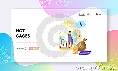 Woman Dream to Escape from Gold Cell for Having Simple Human Things Landing Page Template. Golden Cage Escape Dreaming Vector Illustration