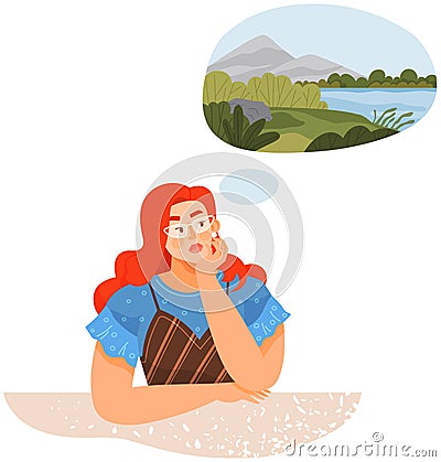 Woman dream about traveling. Lady thinking about vacation, beach resort, rest on lake shore Vector Illustration