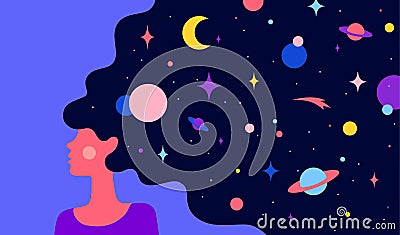 Woman with dream universe. Simple character of woman Vector Illustration