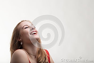 Woman dreams and wishes, anticipating surprise Stock Photo