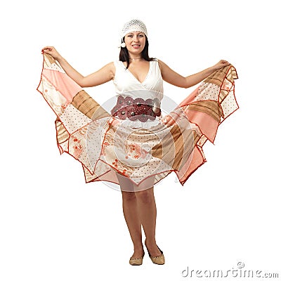 Woman in dress of folksy cut on white Stock Photo