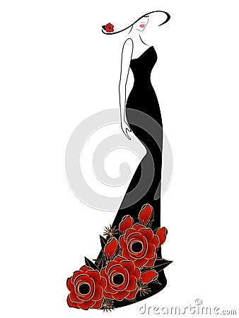 Woman in a dress and hat with red rose. Vector Illustration