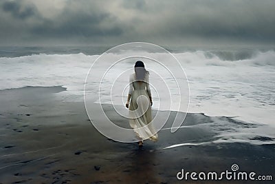 woman dress sea sky storm wave cloud nature ocean beach summer. Generative AI. Stock Photo