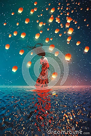 Woman in dress standing on water against lanterns floating in a night sky Cartoon Illustration