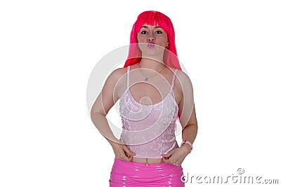 Woman dressed like a doll. Young beautiful sexy woman in camisole and pink skirt Stock Photo
