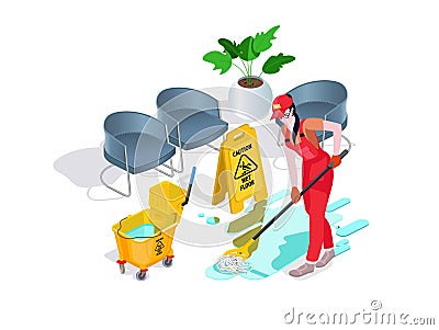 Woman dressed in uniform washes the floor in the office and cleans. Professional cleaning service with equipment and staff. Vector Illustration