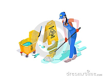 Woman dressed in uniform washes the floor in the office and cleans. Professional cleaning service with equipment and staff. Vector Illustration