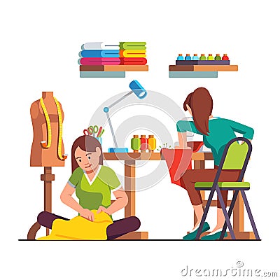 Woman dressmaker stitching, seamstress working Vector Illustration