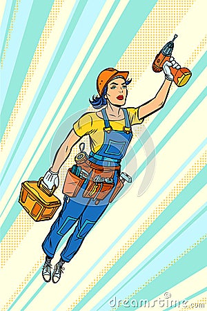 Woman with drill, repair and construction. Superhero flying Vector Illustration