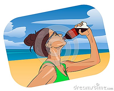 Woman drink water on the beach Vector Illustration