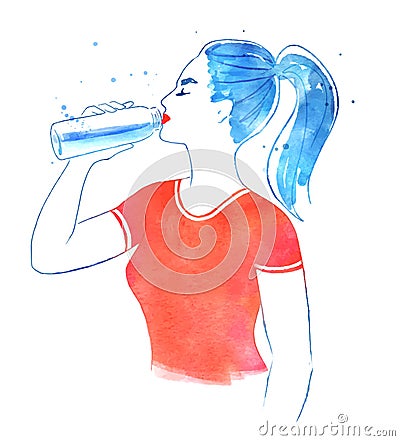 Woman drinking with bottle of pure water Vector Illustration