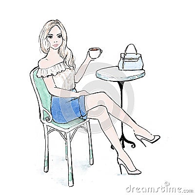 Woman drinking coffee at sidewalk cafe in Paris with fancy handbag - watercolor fashion illustration Vector Illustration