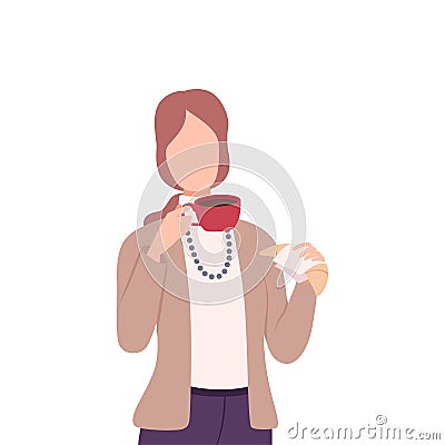 Woman Drinking Coffee or Tea, Female Character Holding Tea Cup and Croissant Flat Vector Illustration Vector Illustration
