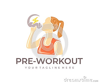 Woman drinking nutritional supplement or energy drink before workout, logo design. Food, healthy lifestyle, workout, sport and fit Vector Illustration