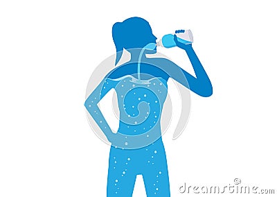 Woman drinking pure water into her body. Vector Illustration