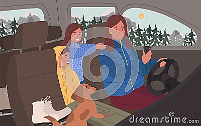 Woman Drive Vehicle, Family Trip, Winter Vacation Vector Illustration