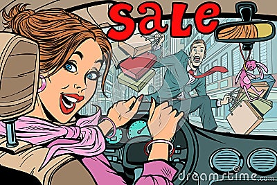 Woman driver goes to the sale, knocks down a man pedestrian. Roa Vector Illustration