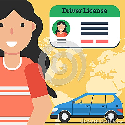 Woman with driver license and car Vector Illustration