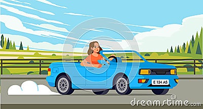 Woman driving cabriolet car on road across along nature hills meadow landscape Vector Illustration