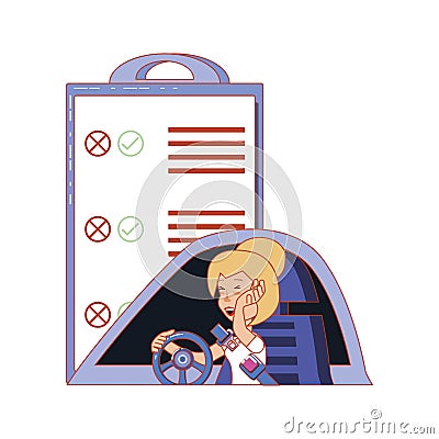 Woman driving cart with traffic light and checklist Vector Illustration