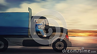 Woman driving lorry truck Stock Photo