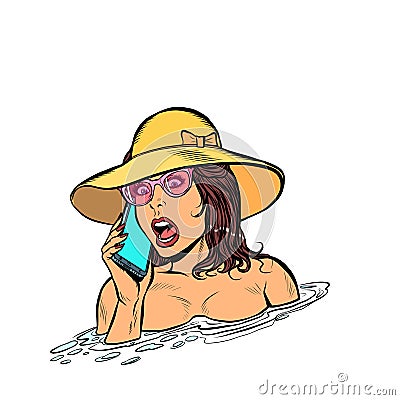 Woman drowning in water. Phone call rescue service Vector Illustration