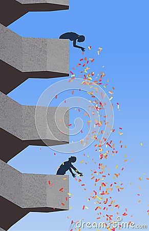 A woman dumps confetti from her high rise apartment balcony on a male neighbor below Cartoon Illustration