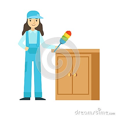 Woman Dusting The Furniture, Cleaning Service Professional Cleaner In Uniform Cleaning In The Household Vector Illustration