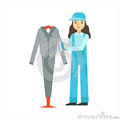 Woman Dusting The Suit With Brush, Cleaning Service Professional Cleaner In Uniform Cleaning In The Household Vector Illustration