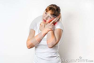 Woman with earache is holding her aching ear Stock Photo