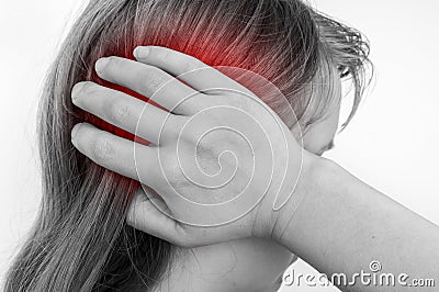 Woman with earache is holding her aching ear Stock Photo