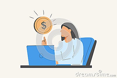 woman earning money. laptop. Hand drawn style vector design illustrations. Vector Illustration