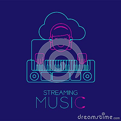 Woman with earphone cloud connect smartphone, Electric keyboard shape made from cable, Streaming music concept design illustration Vector Illustration