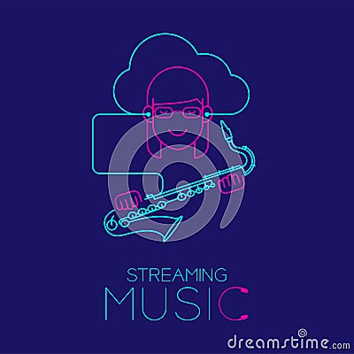 Woman with earphone cloud connect smartphone, Saxophone shape made from cable, Streaming music concept design illustration Vector Illustration