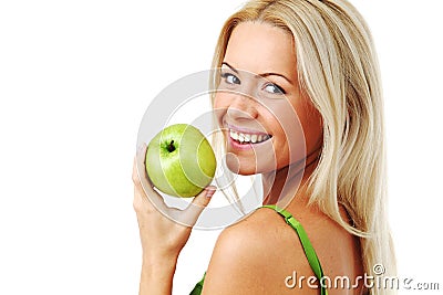 Woman eat green apple Stock Photo