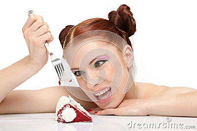 Woman eat tasty cake Stock Photo