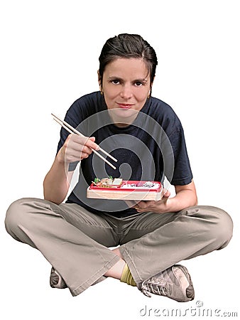 Woman eating Asian food Stock Photo