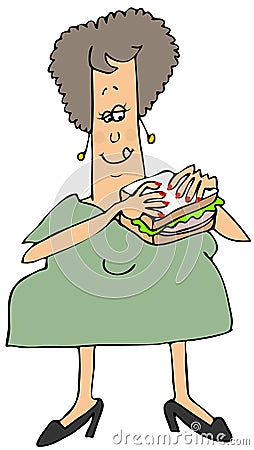 Woman eating a bologna sandwich Cartoon Illustration