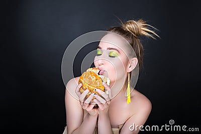 Woman with big hamburger Stock Photo