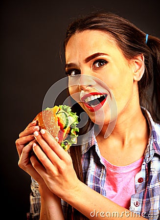 Woman eating hamburger. Girl wants to eat burger. Stock Photo