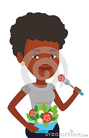 Woman eating healthy vegetable salad. Vector Illustration