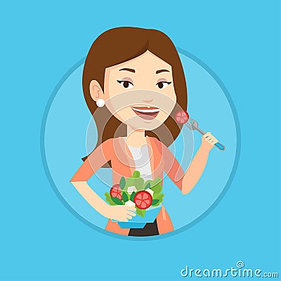 Woman eating healthy vegetable salad. Vector Illustration
