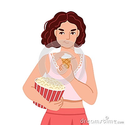 Woman eating ice cream and holding big bucket of popcorn. Food craving, increased appetite. Flat cartoon character. Vector Illustration