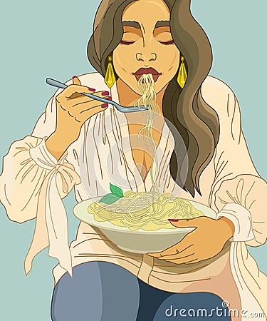The woman is eating pasta. Large portion of spaghetti on a plate. A young girl eats with an appetite, a fork in her hand. Oriental Vector Illustration
