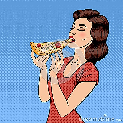 Woman Eating Pizza. Young Woman Holding Big Piece of Pizza Vector Illustration