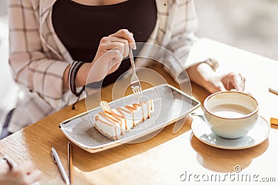 Woman eating sweet dessert while sitting in cafe, coffee break Stock Photo