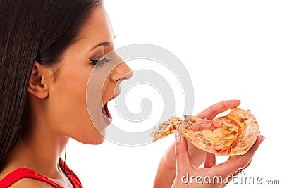 Woman eating tasty piece of pizza. Unhealthy fast food meal. Stock Photo